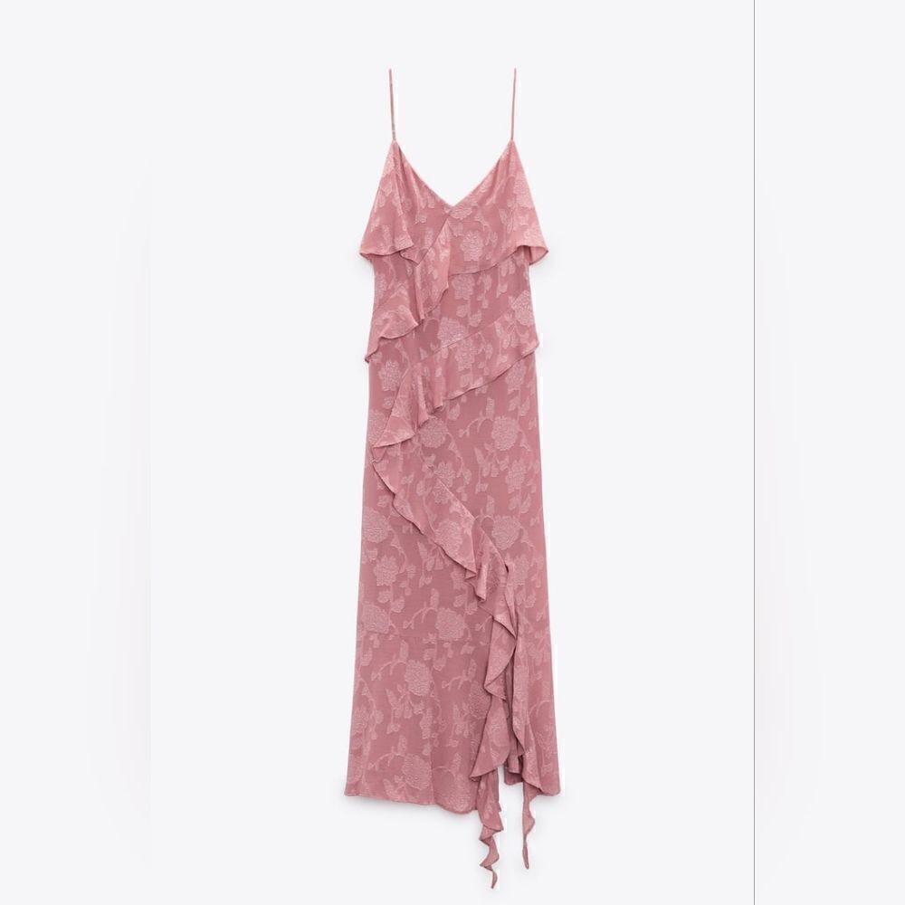 Nwt ZARA RUFFLED JACQUARD DRESS MARSALA Pink Dusty - Picture 15 of 17